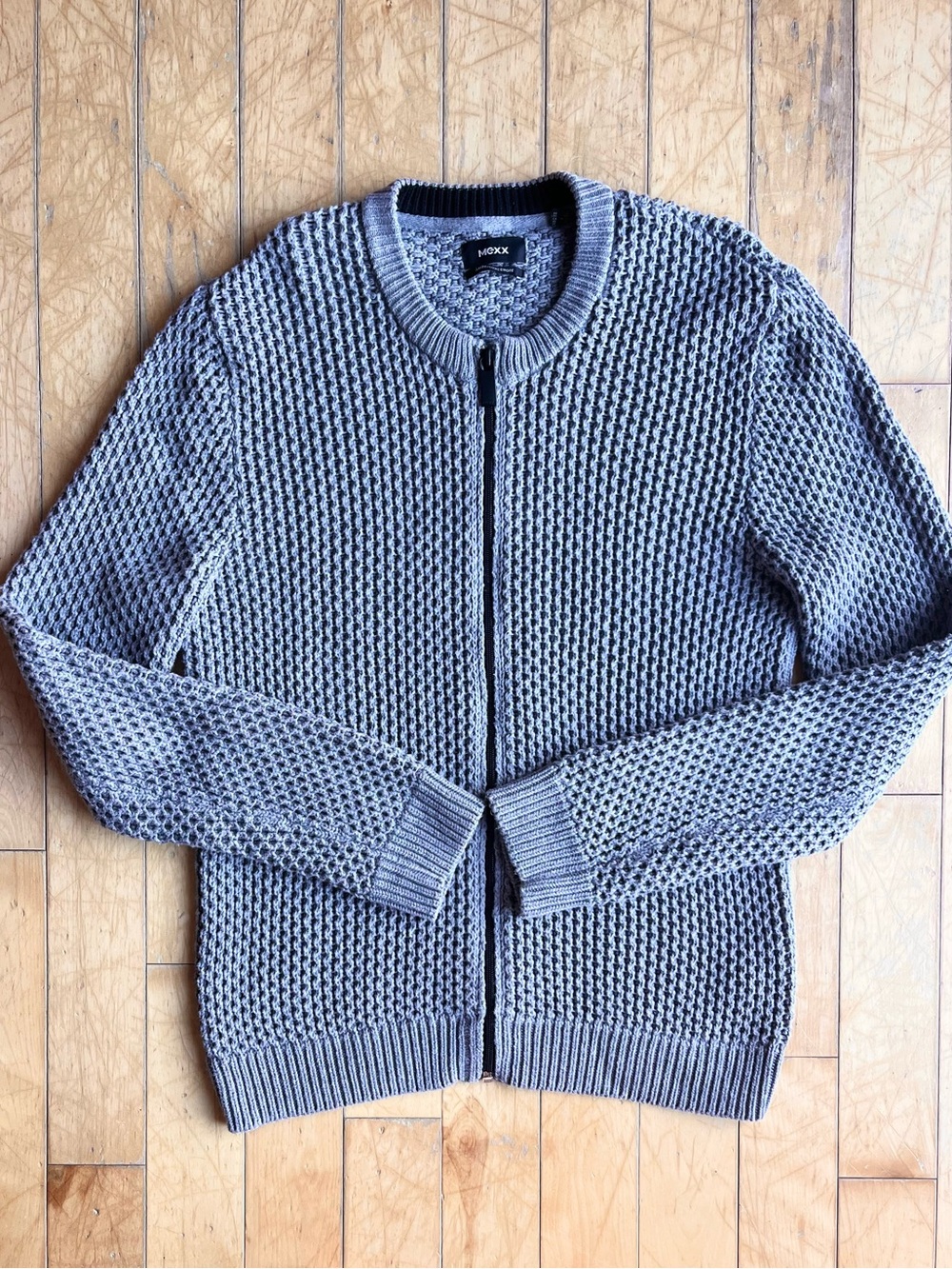 MEXX Waffle Knit Zip-Up Cardigan Sweater Gray Slim Fit Size XL